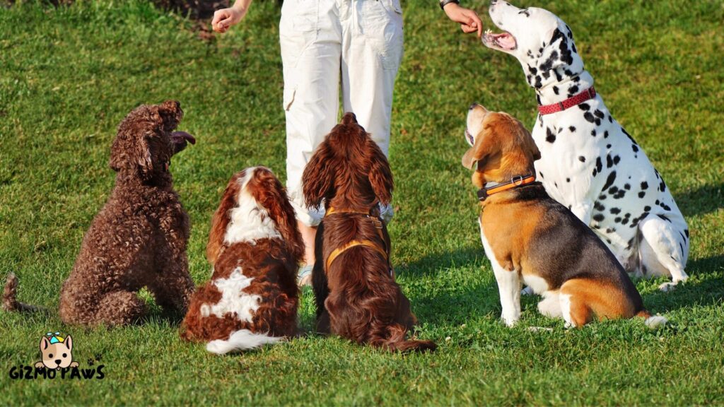 5 perros sentados en el césped comiendo treats de una persona que los entrena