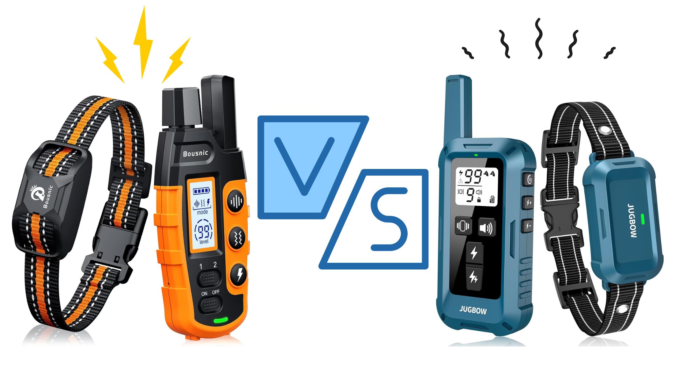 Comparativa entre collar de choque eléctrico naranja y collar de vibración azul para perros antiladridos.